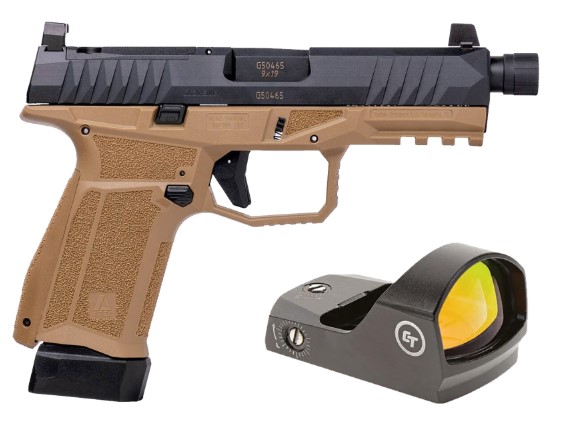 AREX DELTA M TACTICAL 9MM  1X15RD MAG 1X 15+2 MAG  12 X 28IN THREADED BARREL  SERIALIZED TRIGGER ASSEMBLY  INTERCHANGEABLE FRAME AND BACKSTRAPS  SUPPRESSOR HEIGHT SIGHTS  5X OPTICS PLATES  FDE  WITH CRIMSON TRACE RED DOT - Taurus Savings